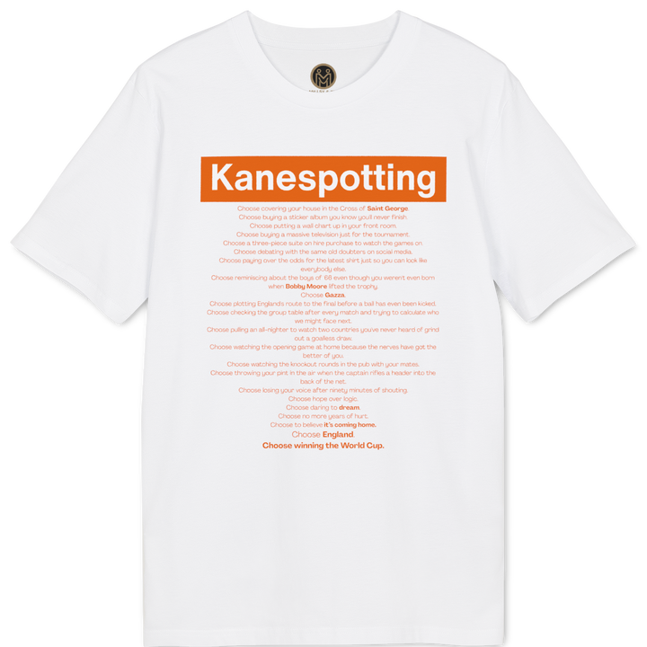 A white short-sleeve crewneck t-shirt featuring a graphic print on the front. The design includes a prominent orange rectangular block with the word &