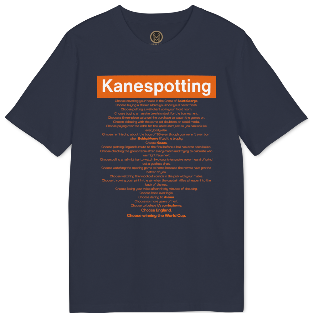 A navy blue short-sleeve t-shirt with a graphic print on the front. The print features the word 'Kanespotting' in white text inside an orange rectangular box, with smaller orange text listed below it.