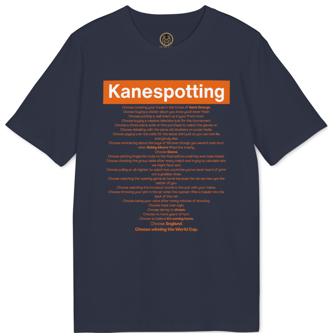 A navy blue short-sleeve t-shirt with a graphic print on the front. The print features the word &