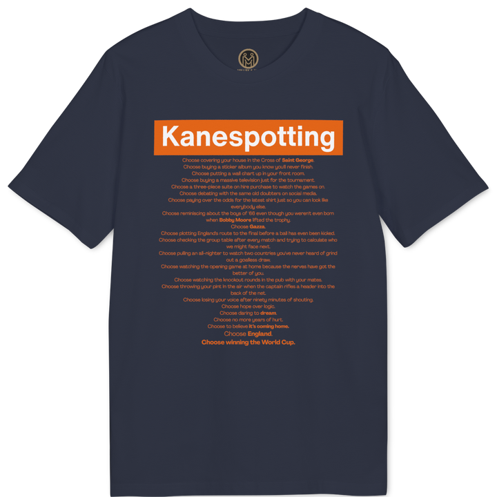 A navy blue short-sleeve t-shirt with a graphic print on the front. The print features the word &