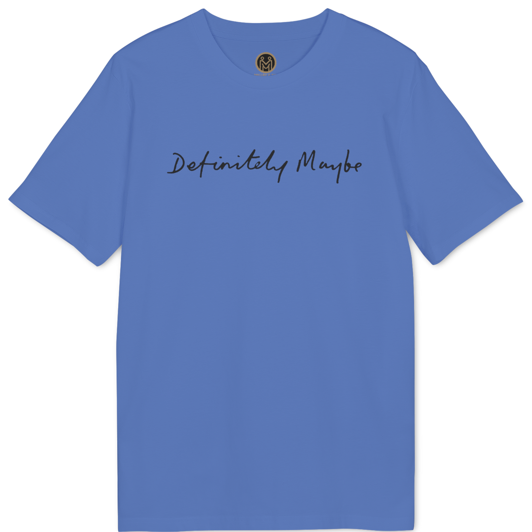 A blue short-sleeve crewneck t-shirt with 'Definitely Maybe' written in black script across the chest, displayed on a clean white background.