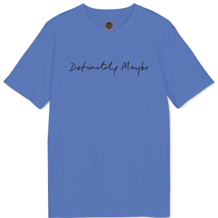 A blue short-sleeve crewneck t-shirt with &