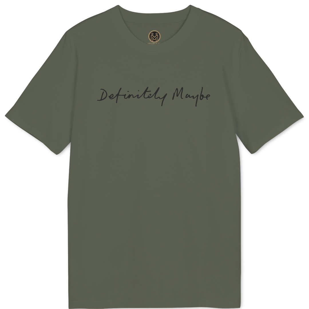 An olive green short-sleeve t-shirt with the words &
