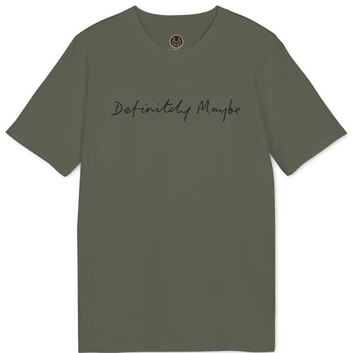 An olive green short-sleeve t-shirt with the words &