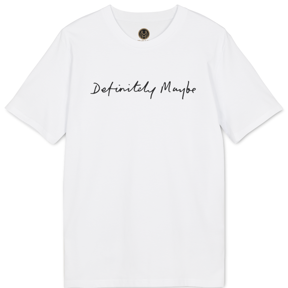 A white short-sleeve crewneck t-shirt with the phrase 'Definitely Maybe' printed in black cursive script across the chest, displayed on a clean white background.
