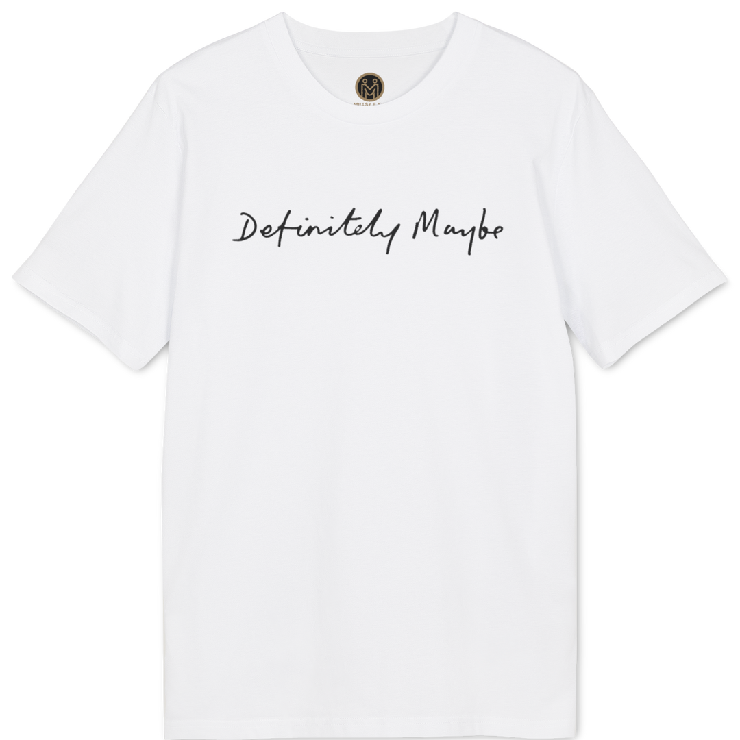 A white short-sleeve crewneck t-shirt with the phrase &