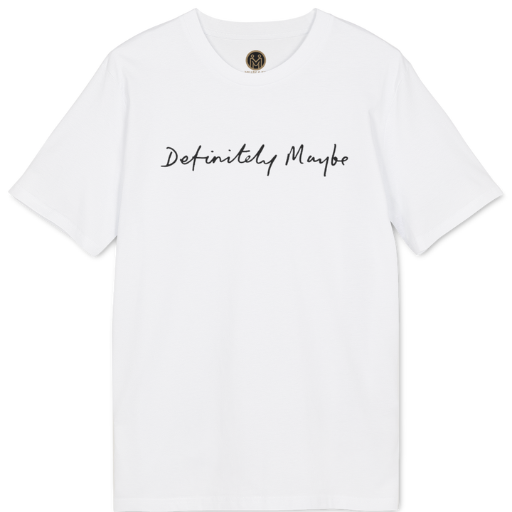 A white short-sleeve crewneck t-shirt with the phrase &