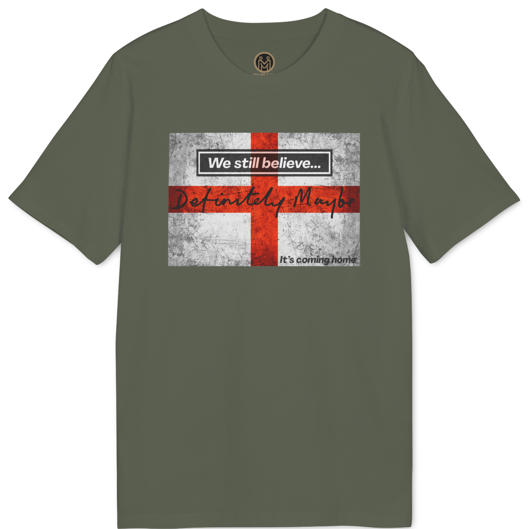 An olive green short-sleeve t-shirt with a graphic on the chest featuring a distressed red and white St. George&