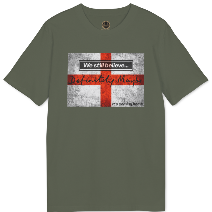 An olive green short-sleeve t-shirt with a graphic on the chest featuring a distressed red and white St. George&