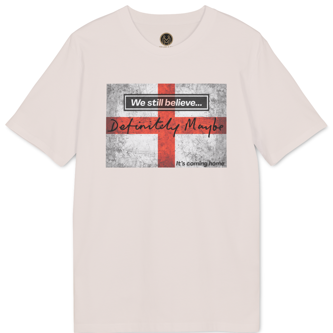 A light pink short-sleeve t-shirt with a graphic on the chest featuring a distressed red and white cross and the text &