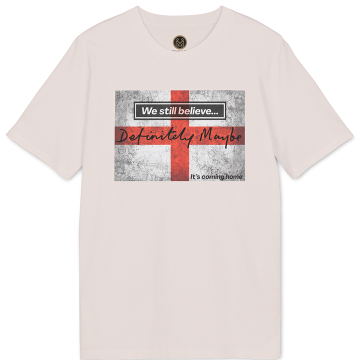 A light pink short-sleeve t-shirt with a graphic on the chest featuring a distressed red and white cross and the text &