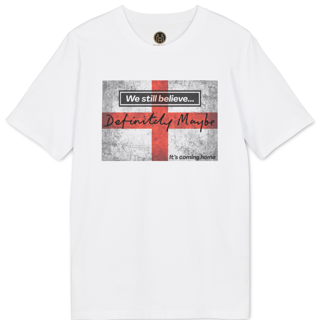 A white short-sleeve crewneck t-shirt featuring a graphic print on the front. The graphic depicts a distressed, textured Union Jack flag with a red vertical stripe, overlaid with the text 'We still believe.