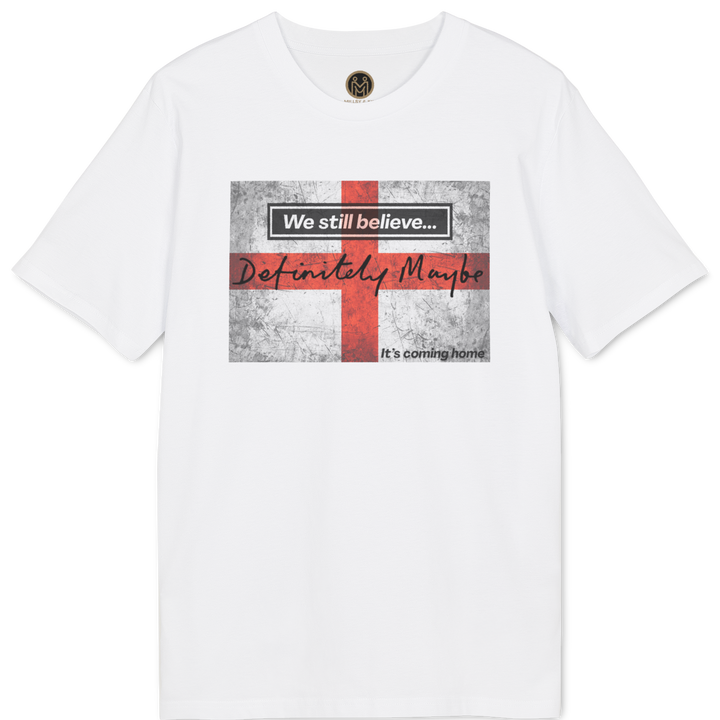 A white short-sleeve crewneck t-shirt featuring a graphic print on the front. The graphic depicts a distressed, textured Union Jack flag with a red vertical stripe, overlaid with the text &