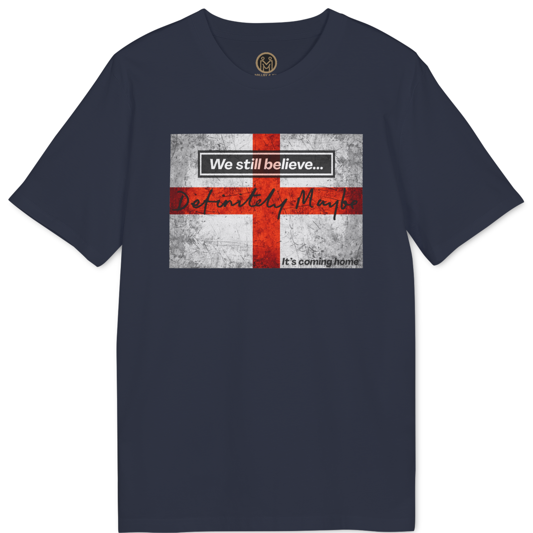 A navy blue short-sleeve t-shirt with a graphic print on the chest featuring a distressed red and white St. George&