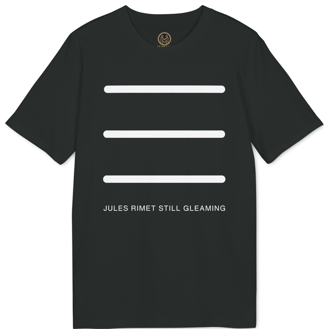 A black short-sleeve t-shirt with three horizontal white bars on the front and the text &