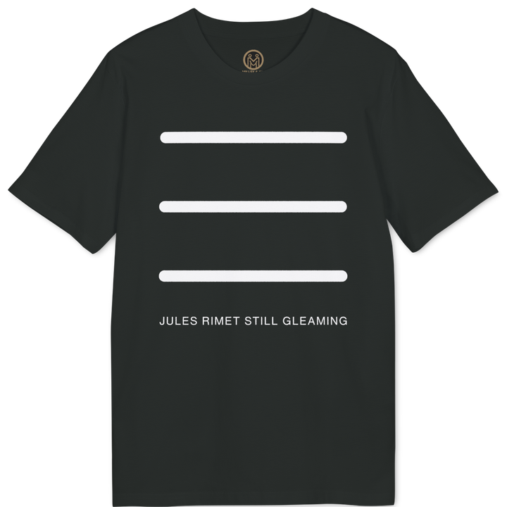 A black short-sleeve t-shirt with three horizontal white bars on the front and the text &