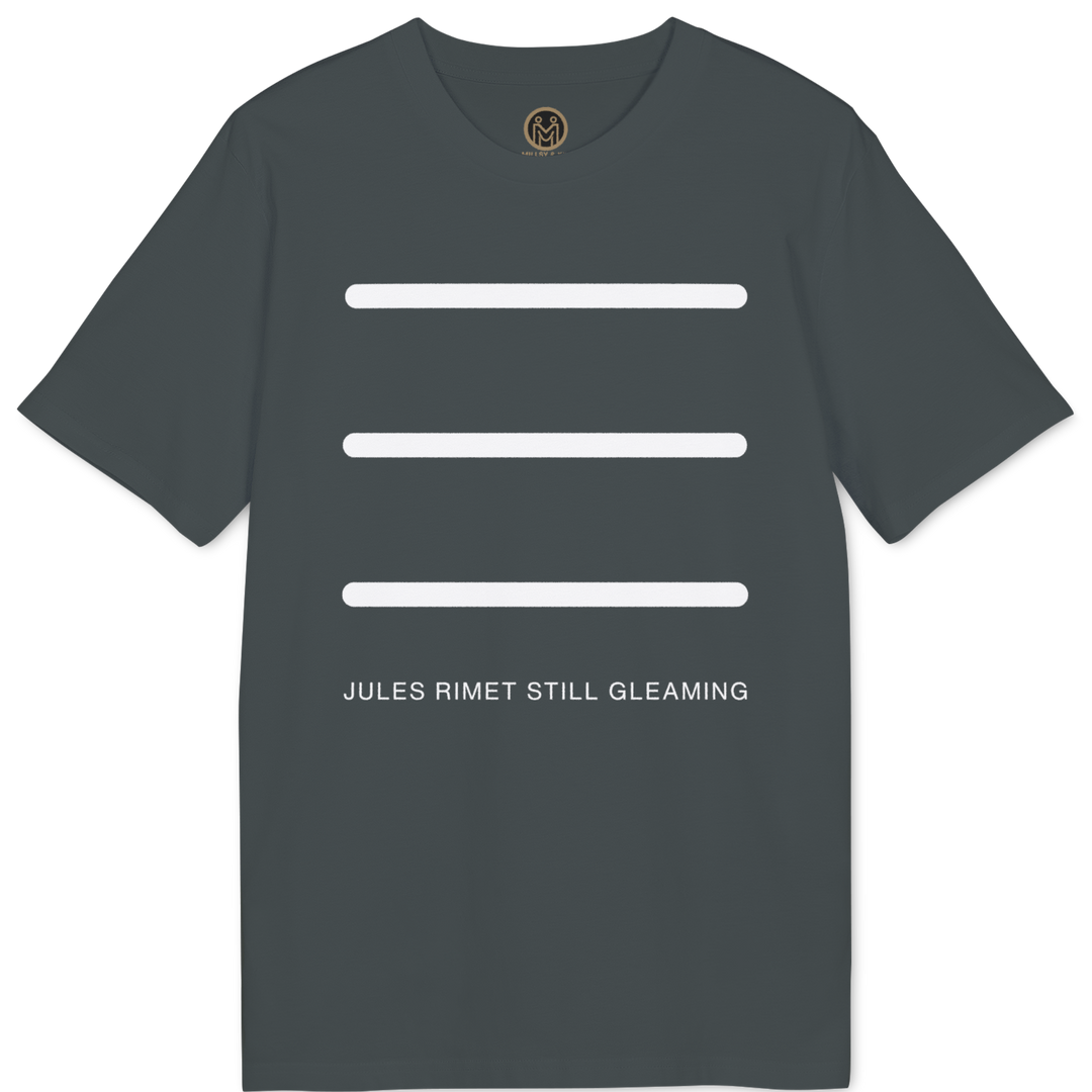 A dark gray crewneck t-shirt featuring three horizontal white bars on the chest and the text &
