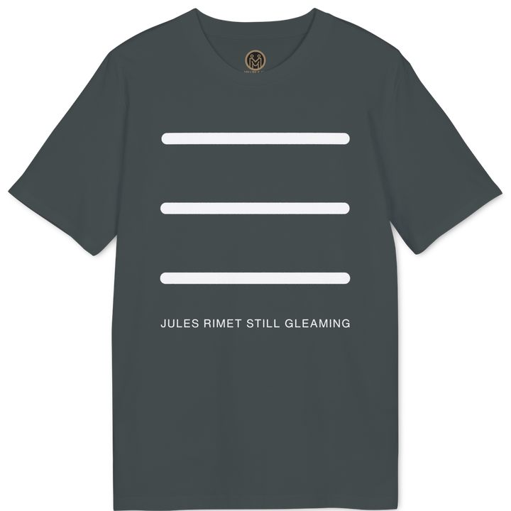 A dark gray crewneck t-shirt featuring three horizontal white bars on the chest and the text &