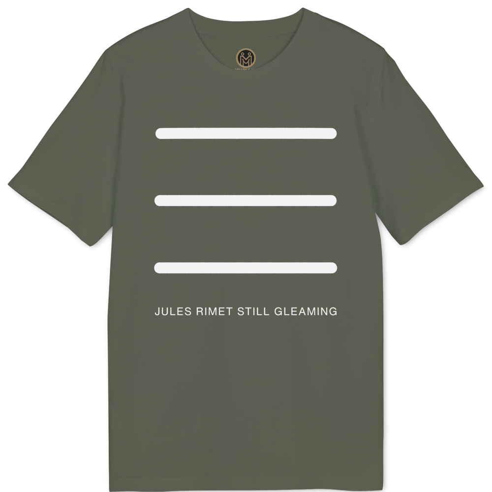An olive green short-sleeve t-shirt with three horizontal white bars on the chest and the text 'JULES RIMET STILL GLEAMING' printed below in white, displayed on a solid white background.