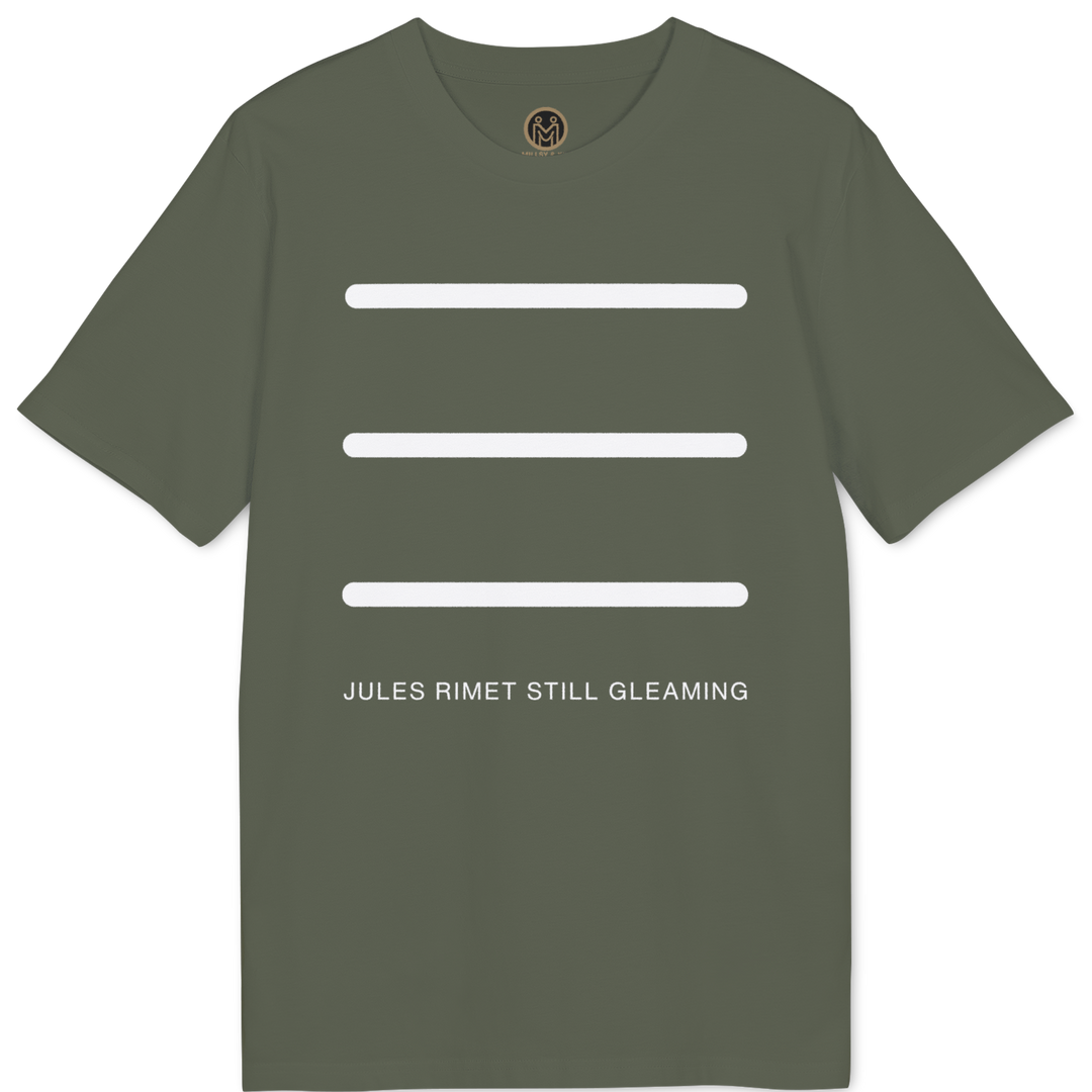 An olive green short-sleeve t-shirt with three horizontal white bars on the chest and the text &