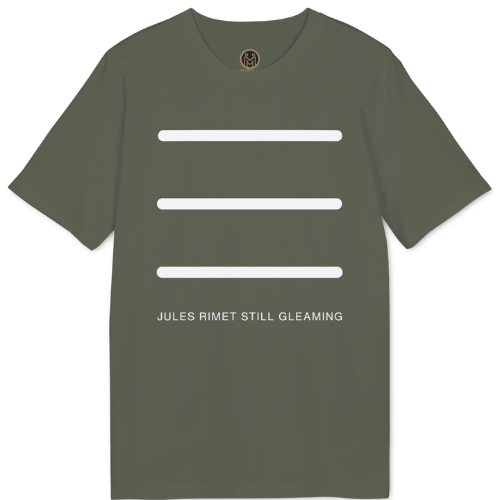 An olive green short-sleeve t-shirt with three horizontal white bars on the chest and the text &