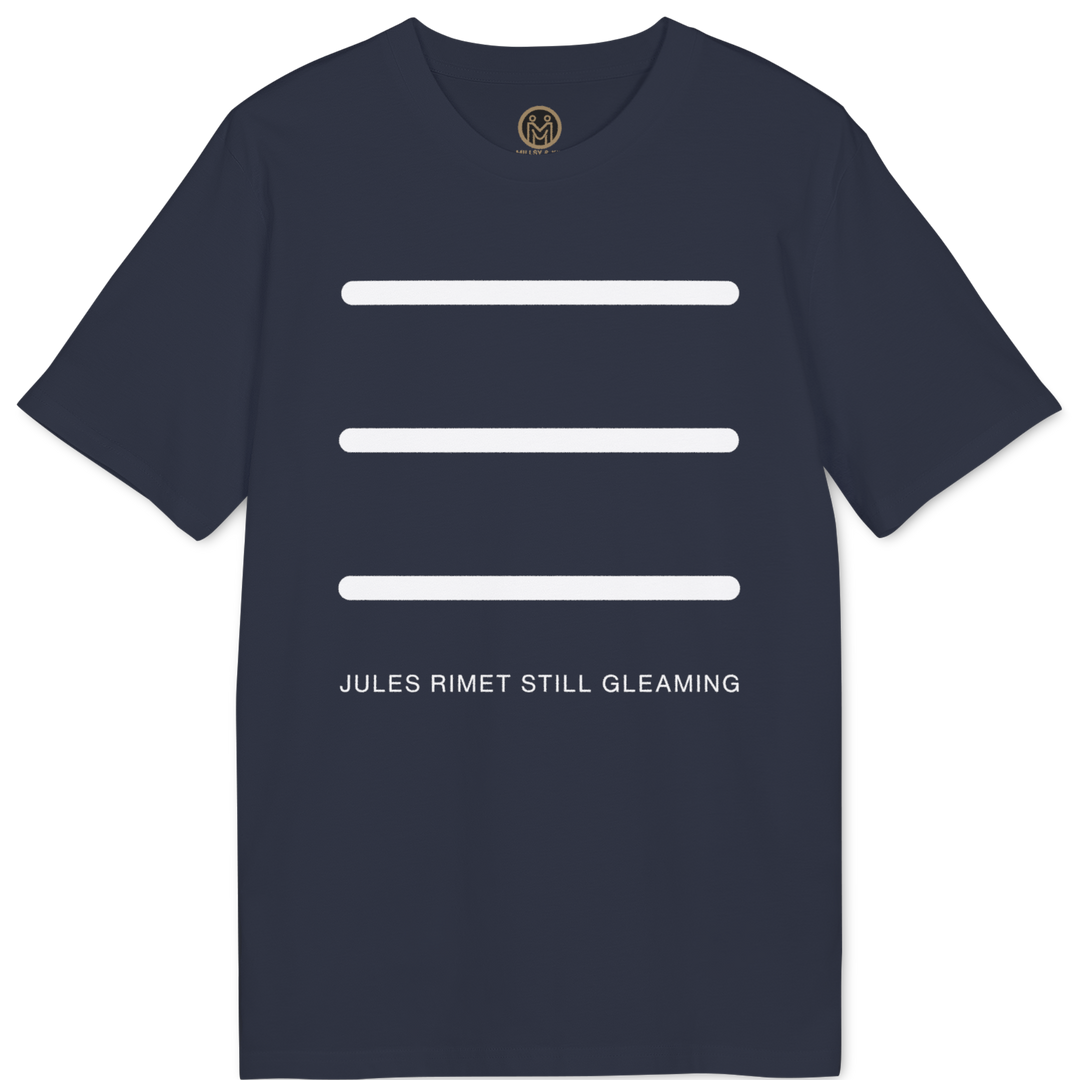 A navy blue short-sleeve t-shirt with three horizontal white bars on the chest and the text 'JULES RIMET STILL GLEAMING' printed below in white. A small gold circular logo is visible inside the collar.