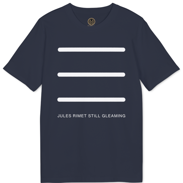 A navy blue short-sleeve t-shirt with three horizontal white bars on the chest and the text &