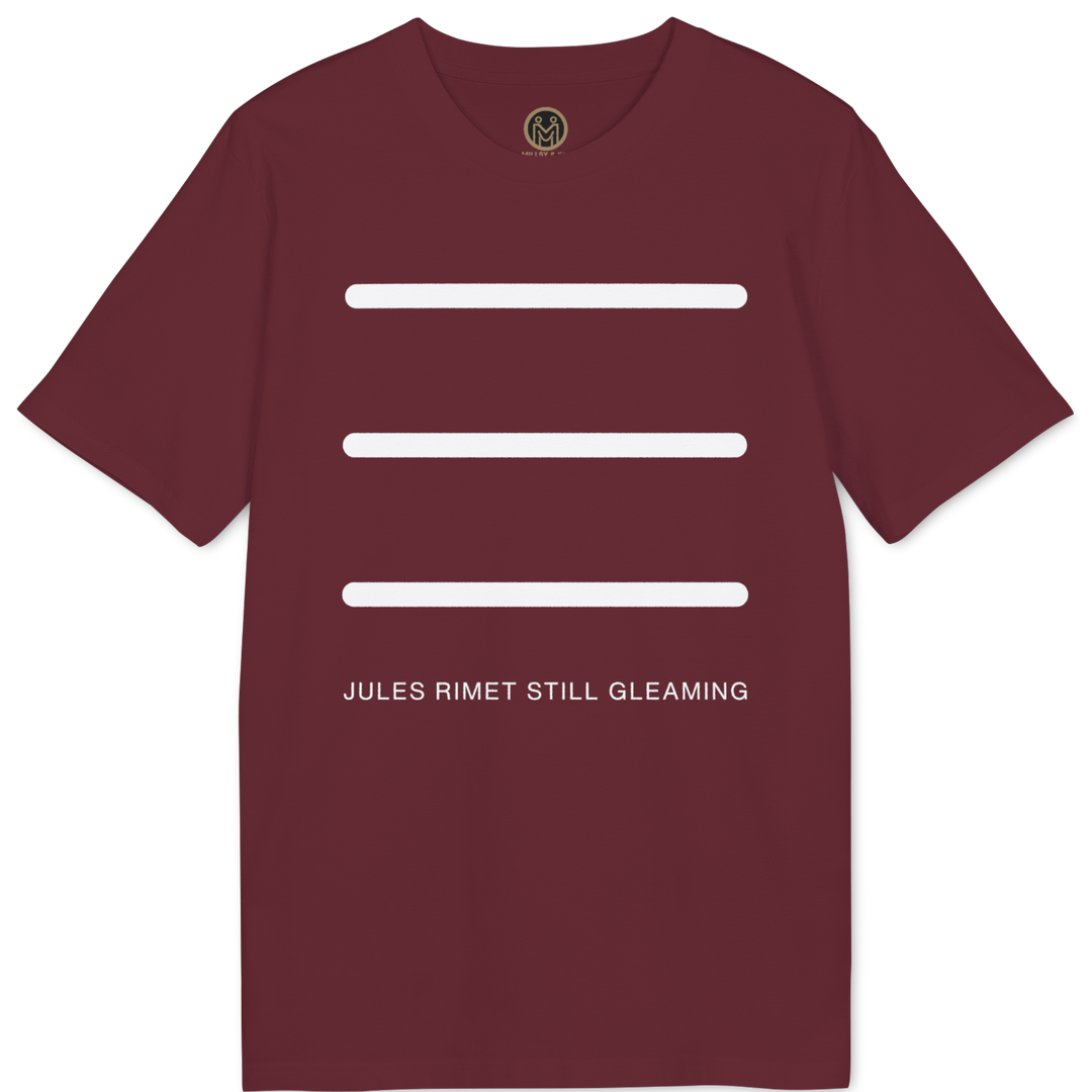 A maroon short-sleeve t-shirt with three horizontal white bars and the text &
