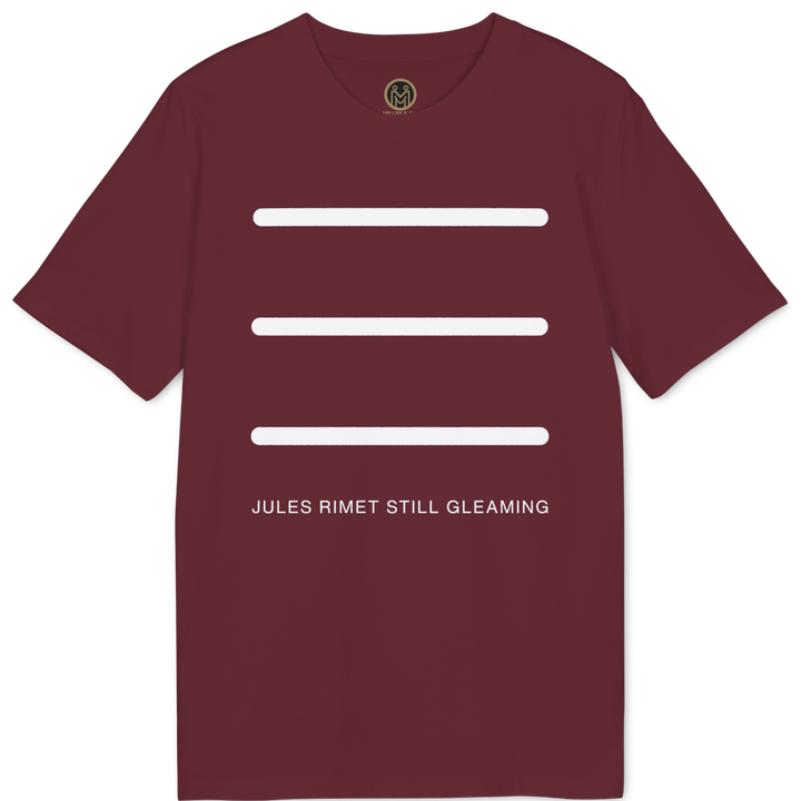 A maroon short-sleeve t-shirt with three horizontal white bars and the text &