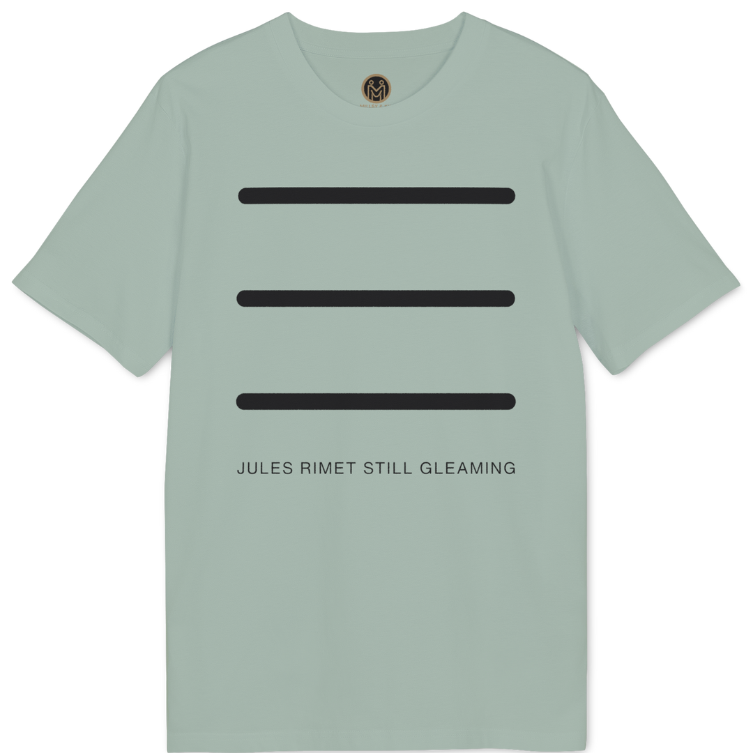 A sage green short-sleeve t-shirt with three horizontal black bars on the chest and the text &