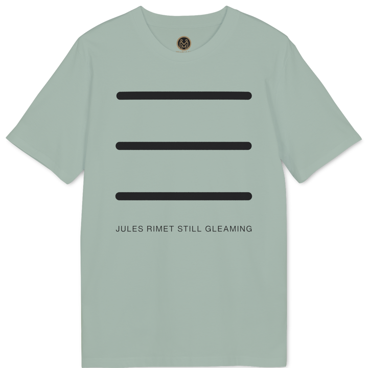 A sage green short-sleeve t-shirt with three horizontal black bars on the chest and the text &