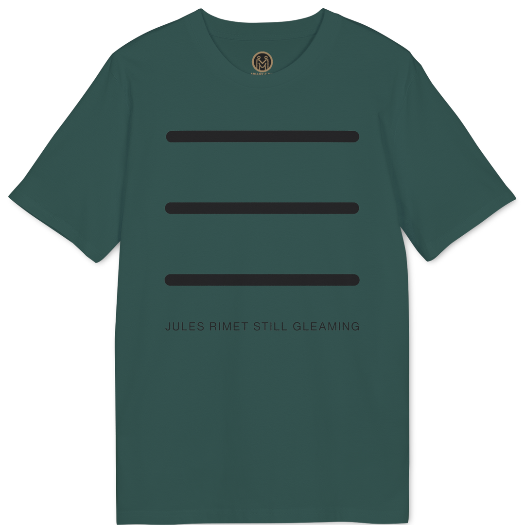 A dark green short-sleeve t-shirt with three horizontal black bars on the chest and the text &