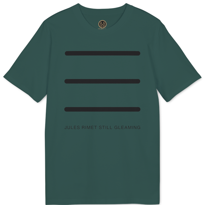 A dark green short-sleeve t-shirt with three horizontal black bars on the chest and the text &