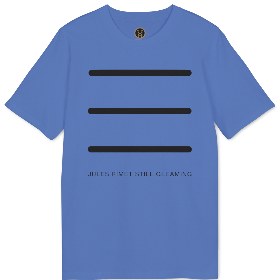 A blue short-sleeve t-shirt with three horizontal black bars and the text &