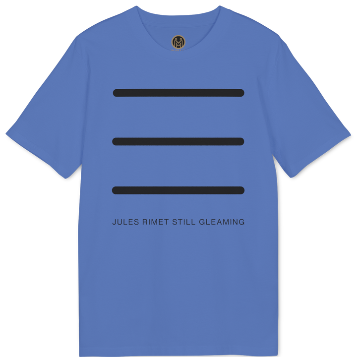 A blue short-sleeve t-shirt with three horizontal black bars and the text &