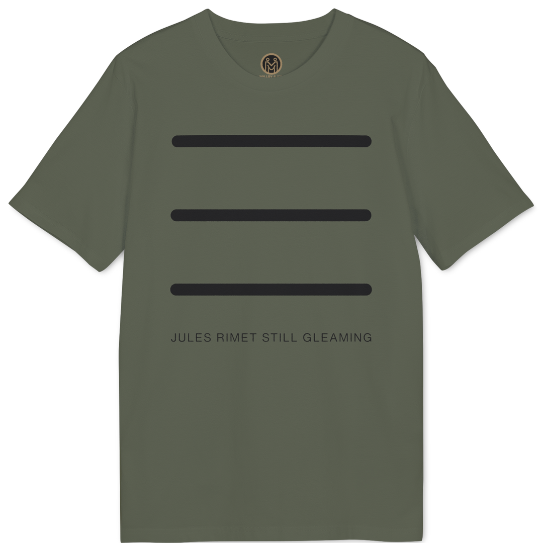 An olive green short-sleeve t-shirt with three horizontal black bars on the chest and the text &