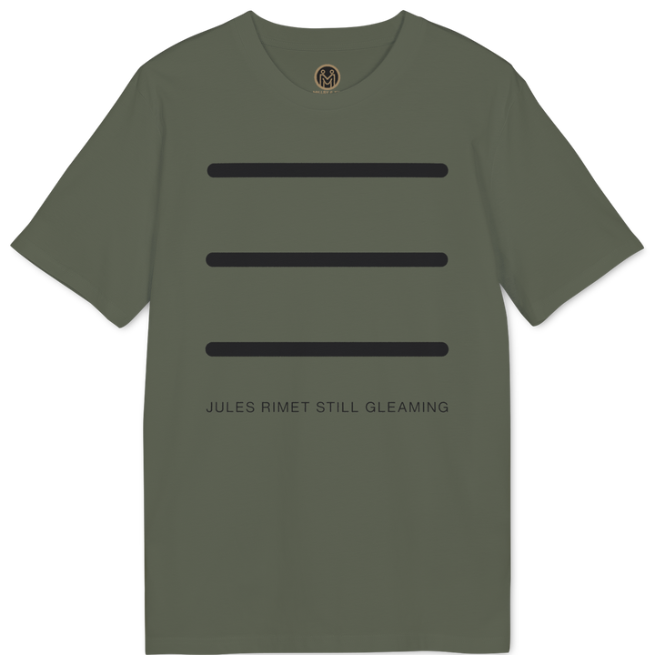 An olive green short-sleeve t-shirt with three horizontal black bars on the chest and the text &