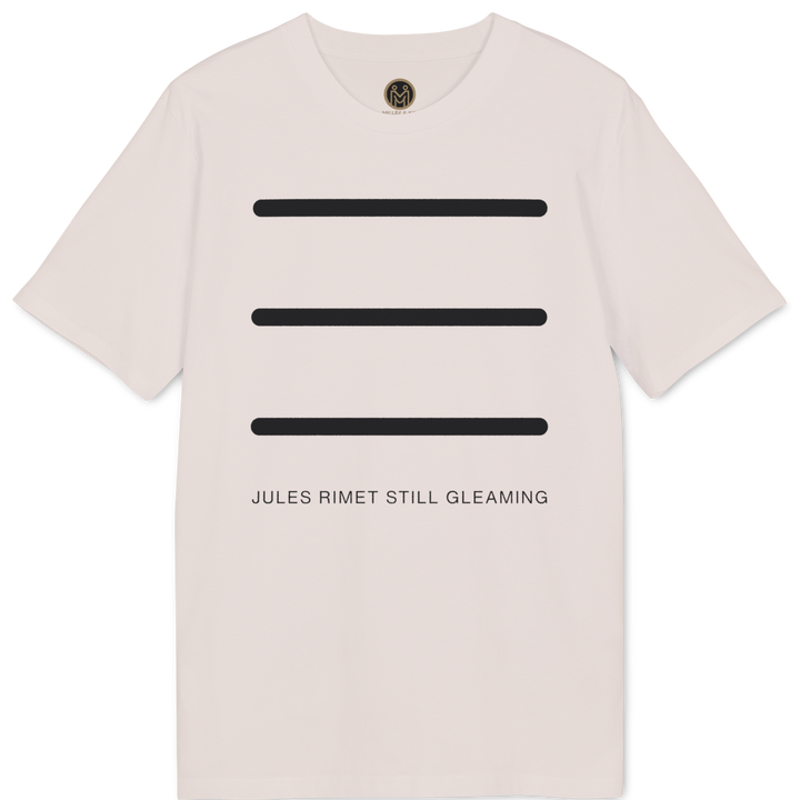 A light pink short-sleeve t-shirt with three horizontal black bars on the front and the text &