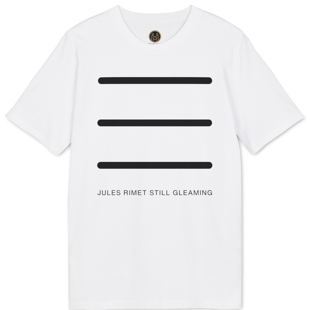 A white short-sleeve crewneck t-shirt featuring three horizontal black bars on the chest and the text 'JULES RIMET STILL GLEAMING' printed below in black. A small circular metal tag is visible inside the collar.