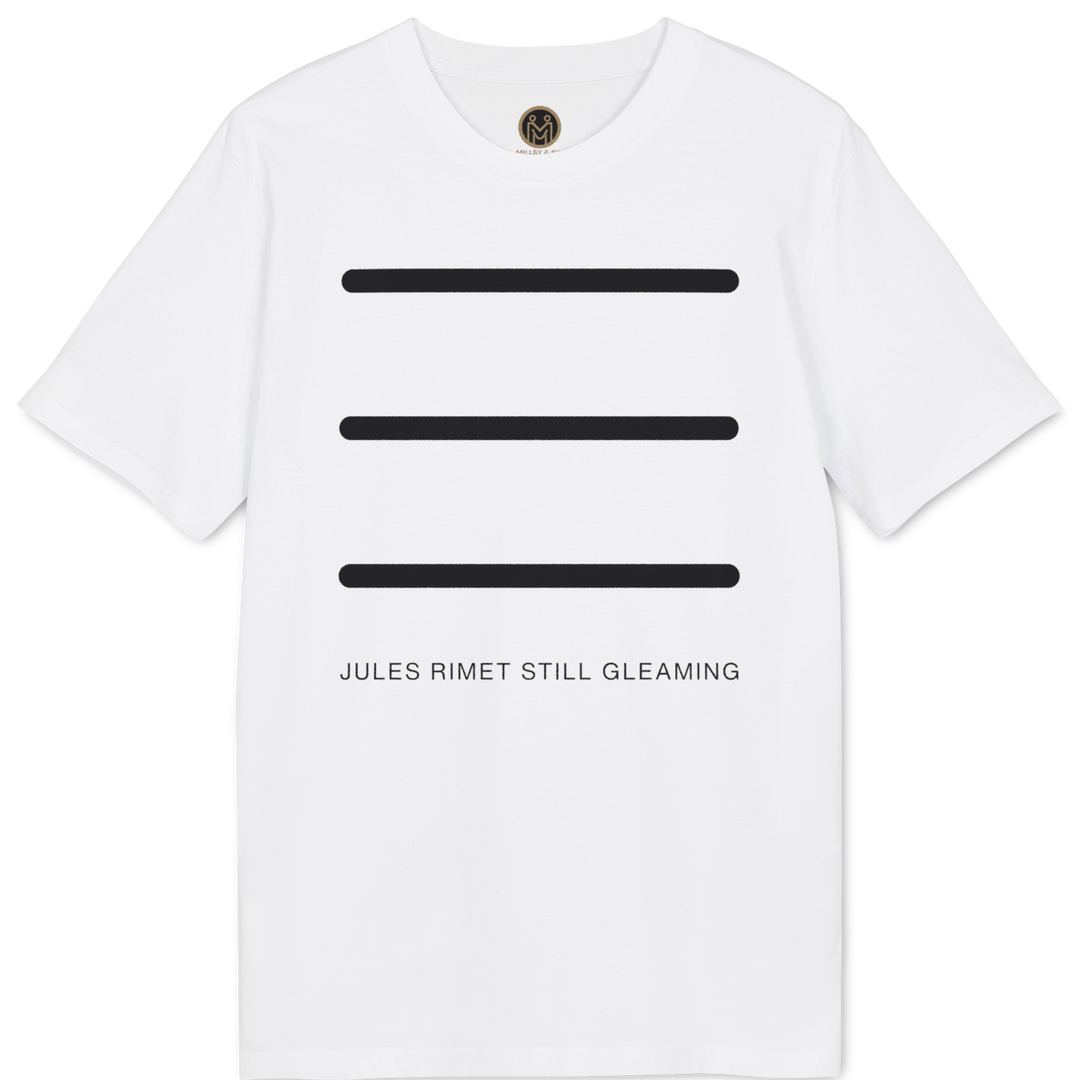 A white short-sleeve crewneck t-shirt featuring three horizontal black bars on the chest and the text &