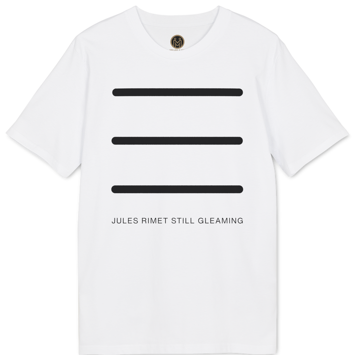A white short-sleeve crewneck t-shirt featuring three horizontal black bars on the chest and the text &