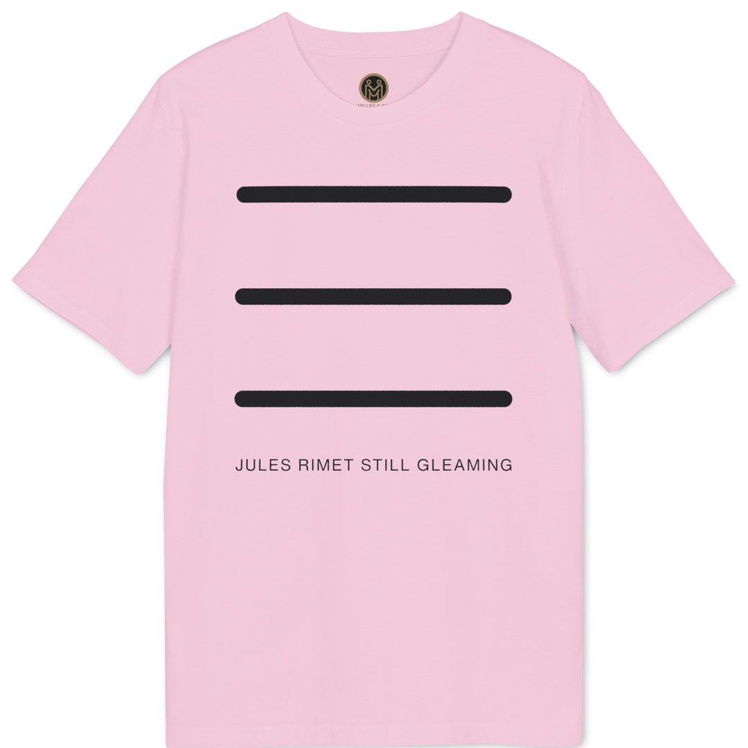 A white short-sleeve crewneck t-shirt featuring three horizontal black bars on the chest and the text &