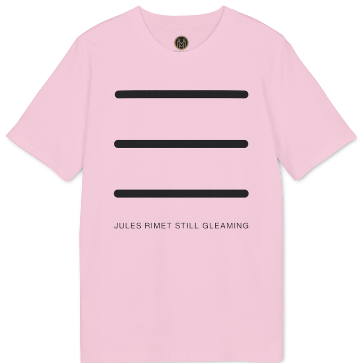 A white short-sleeve crewneck t-shirt featuring three horizontal black bars on the chest and the text &