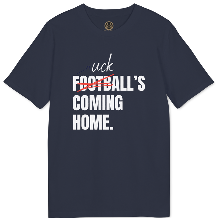 A navy blue short-sleeve t-shirt with a graphic text print on the front reading &