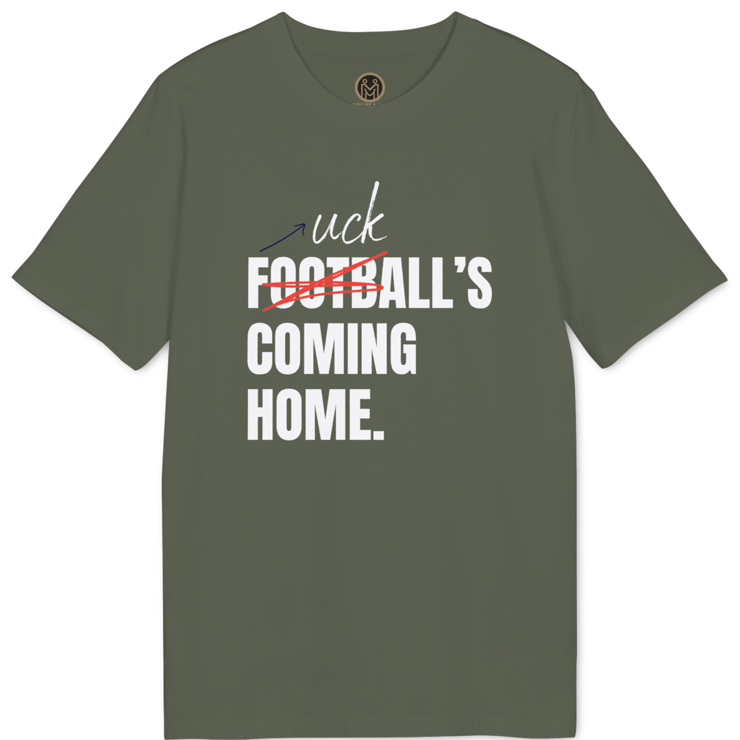 An olive green short-sleeve t-shirt with a graphic text print reading &
