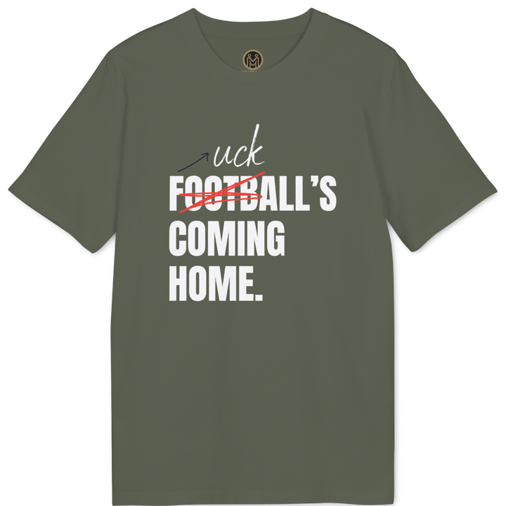 An olive green short-sleeve t-shirt with a graphic text print reading &