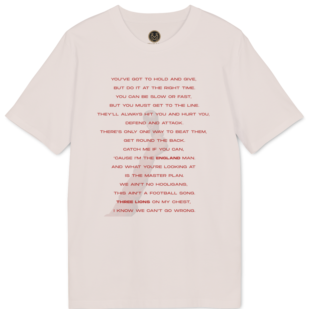 A light pink short-sleeve t-shirt with red printed text from the song &