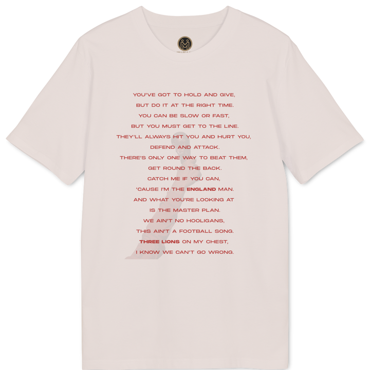 A light pink short-sleeve t-shirt with red printed text from the song &