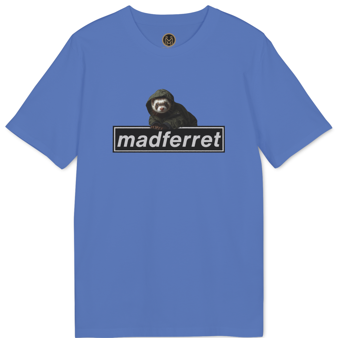 A blue short-sleeve crewneck t-shirt featuring a graphic of a monkey above the word &