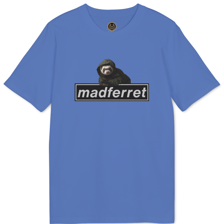 A blue short-sleeve crewneck t-shirt featuring a graphic of a monkey above the word &
